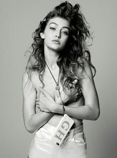 Gigi Hadid topless cover her breasts black-&-white image