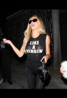 Brooks Nader in sheer Like A Virgin top at Craig's in West Hollywood