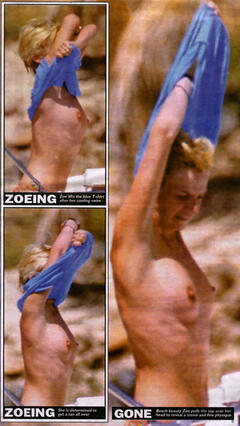 Zoe Ball topless on a beach and boat paparazzi collage