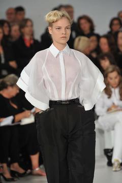 Finnish fashion model Suvi Koponen runway braless in see through blouse