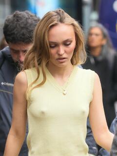 Lily Rose Depp hard nipples while leaving Global Studios, Heart Breakfast Show in London - December 2024