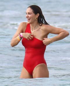 Katharine McPhee in red swimsuit on the beach in Hawaii