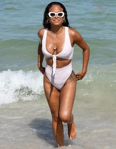 Christina Milian pokies in white monokini