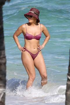Jennifer Lopez in a bikini on a beach in the Turks and Caicos