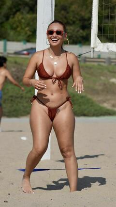 Francia Raisa - playing beach volleyball in Malibu