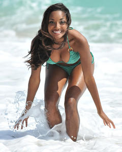 Anastagia Pierre cleavage in green bikini