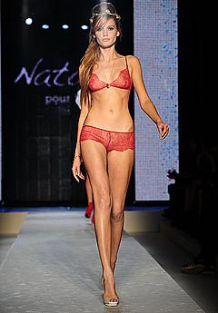 Leggy Laura Blokhina in red semi-transparent lingerie runway image