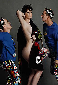 Katy Perry without bra and pants in Moschino FallWinter 2015