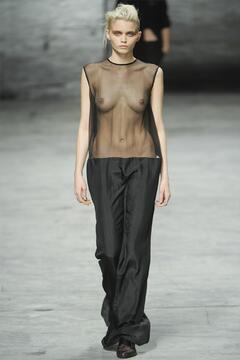 Abbey Lee Kershaw braless in see through dress walks runway at Haider Ackerman SS 2012 Fashion Show in Paris