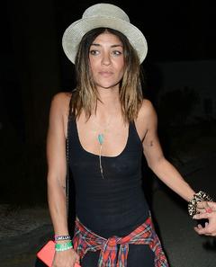 Jessica Szohr without bra in see through top at Coachella