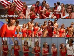 Kelly Packard in red swimsuit collage from Baywatch