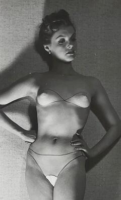 Nadja Tiller wearing see-through panties and topless with body painting by Turhan Bey