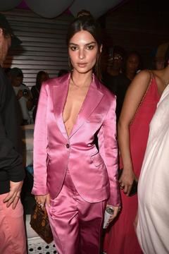Emily Ratajkowski cleavage in pink pantsuit at Pink Party III in Brooklyn