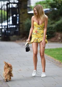 Kimberley Garner leggy in a short yellow summer dress out in Chelsea