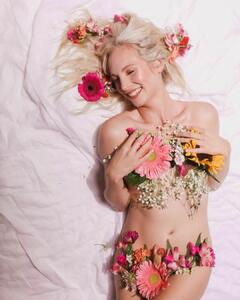 Candice King nude but covered on a bed for A Superbloom Podcast Photoshoot 2022