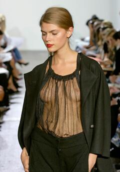 Belarusian model Maryna Linchuk see through to tits at Tse SS 2007 Fashion Show in New York runway photo