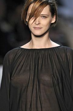 Carmen Kass runway braless in see through dress