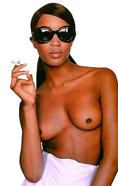Black Naomi Campbell smoking topless