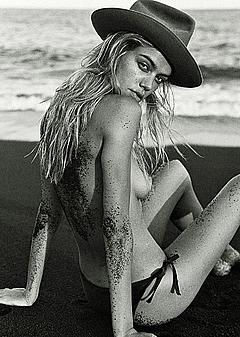 Joanna Halpin sitting topless black-&-white photo