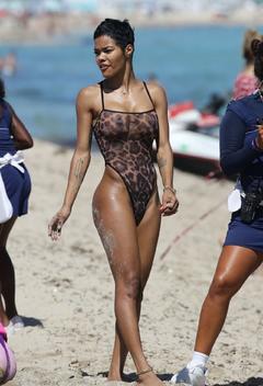 Teyana Taylor in a sheer thong bodysuit at the beach Miami