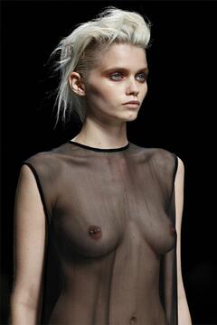 Abbey Lee Kershaw braless in see through top walks runway at Haider Ackerman SS 2012 Fashion show in Paris
