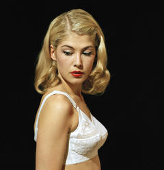 Rosamund Pike in lingerie bra by Rachel Lum Hitchcock Blonde