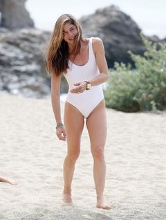 Selma Blair in white swimsuit on the beach in Palos Verdes