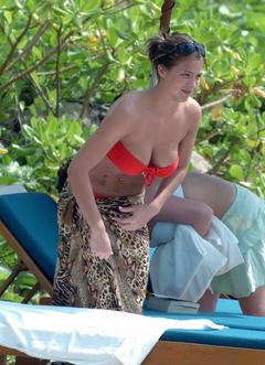 Gemma Atkinson cleavage in red bikini bra