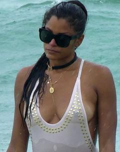 Claudia Jordan in wet see through swimsuit