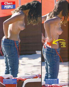 Romane Bohringer topless in jeans on a beach paparazzi collage