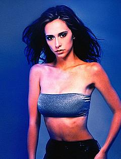 Jennifer Love Hewitt in black pants and blue bra
