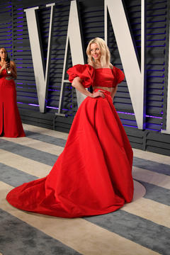 Elizabeth Banks in red dress at 2019 Vanity Fair Oscar Party in Beverly Hills