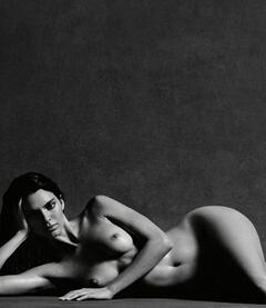 Kendall Jenner lying fully nude black-&-white image