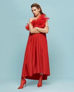 Lily James in red dress