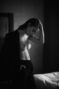 Rebecca Bagnol topless black-&-white image