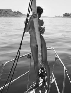 Emilie Payet naked on a yacht black-&-white image