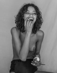 Rae Rodriguez topless black-&-white photo