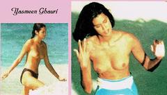 Yasmeen Ghauri topless on a beach collage