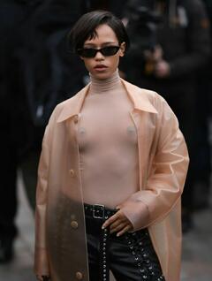 Taylor Russell braless in see thtorugh top at Loewe Menswear Fall-Winter 2023-2024 show, Paris - January 2023