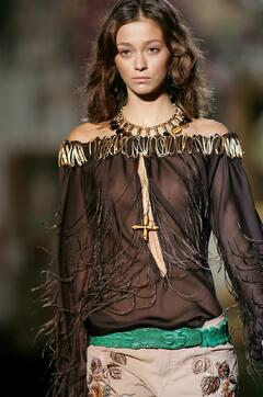 Morgane Dubled walks runway in see through top at Roberto Cavalli SS 2005 Fashion Show in Paris