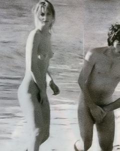 Dalila Di Lazzaro fully nude on a beach black-&-white collage