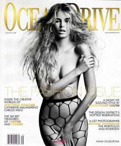 Hana Soukupova naked cover her tits and pussy in Ocean Drive Magazine