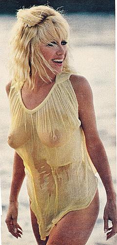 Suzanne Somers in see through wet outfit on a beach beach