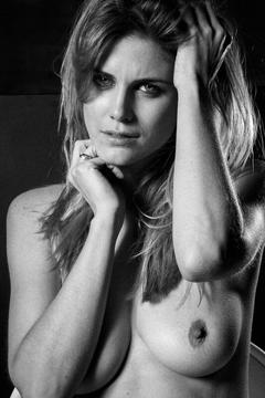 Ashley James nude boob black-&-white image