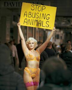 Stefania Ferrario in see through lingerie protesting for animal rights in her underwear in Melbourne