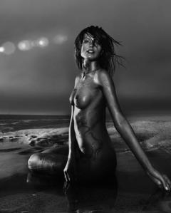 Petra Nemcova naked on a beach black-&-white image