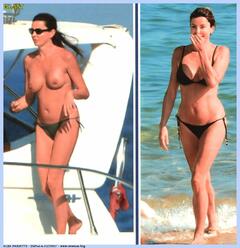 Alba Parietti in bikini and topless paparazzi collage