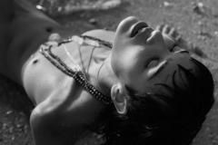 Margaux Brooke naked on a beach black-&-white image