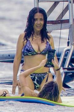 Salma Hayek in a blue bikini off the coast of Mexico