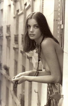 American musician, yoga instructor, and fashion model Sibyl Buck topless black-&-white photo